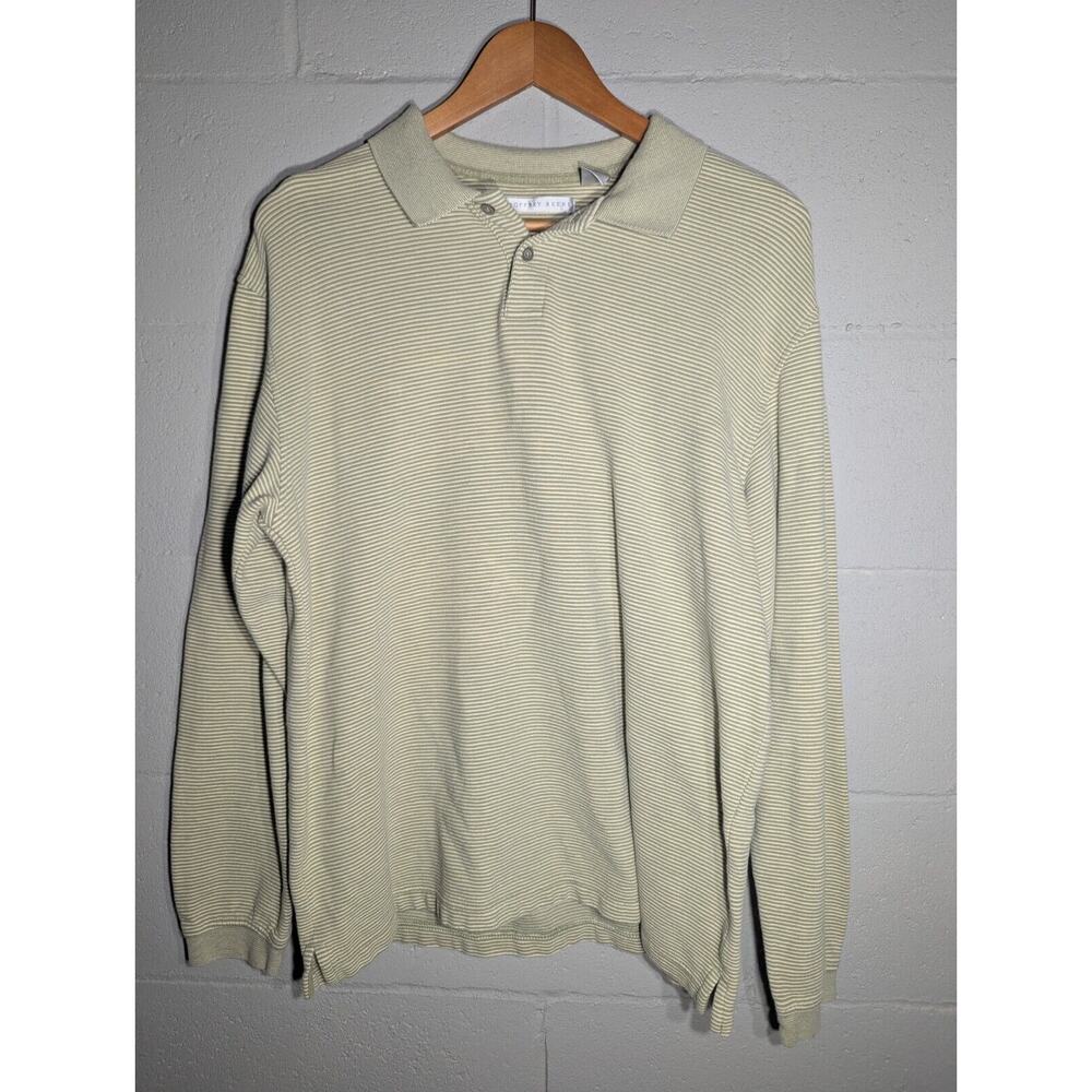 Geoffrey Beene 100% Cotton Green Striped Long Sleeve With Buttons,‎ Size Large